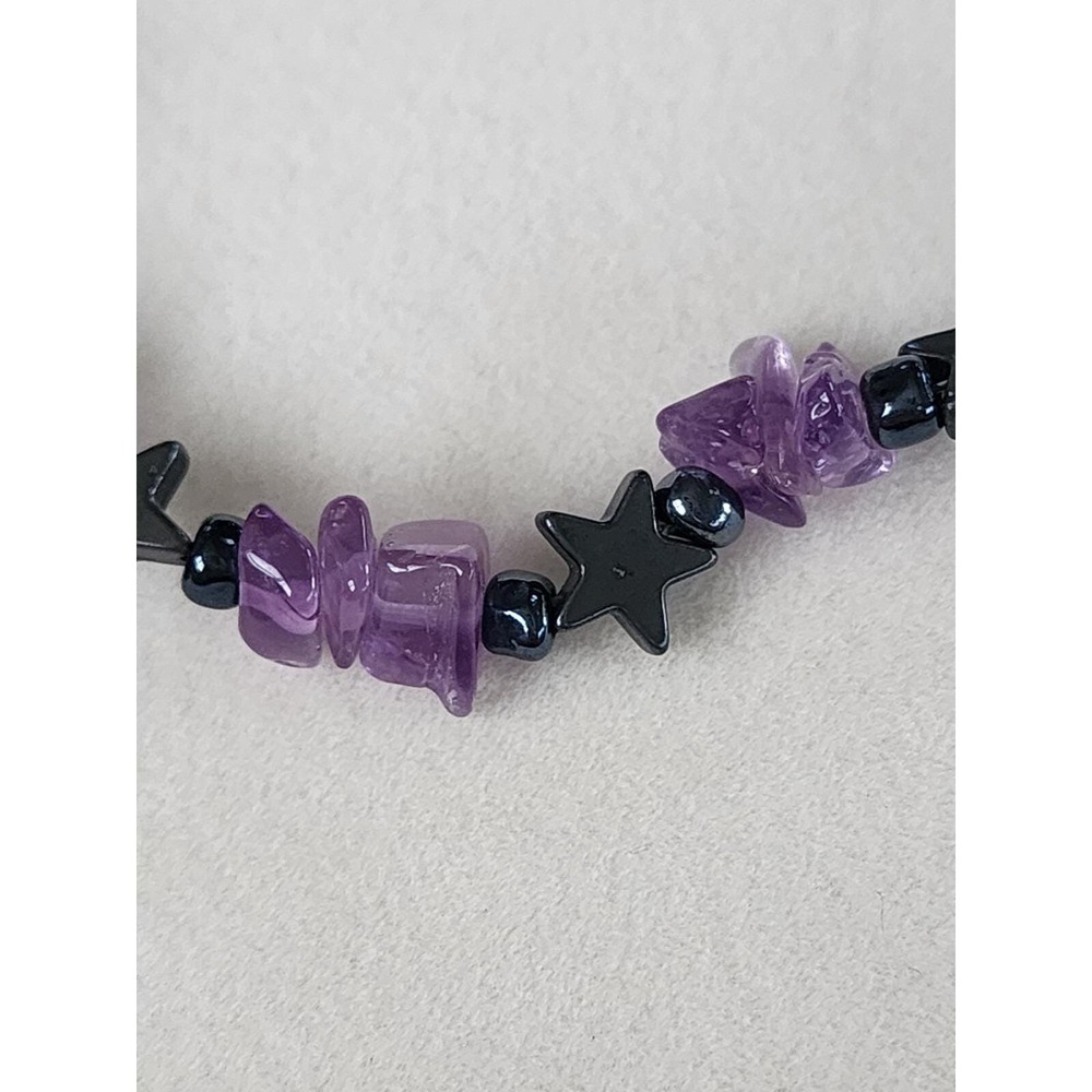 Genuine AMETHYST Chip With Gunmetal Gray Stars Bracelet Hand Crafted FREE $HIP!! - Picture 4 of 5